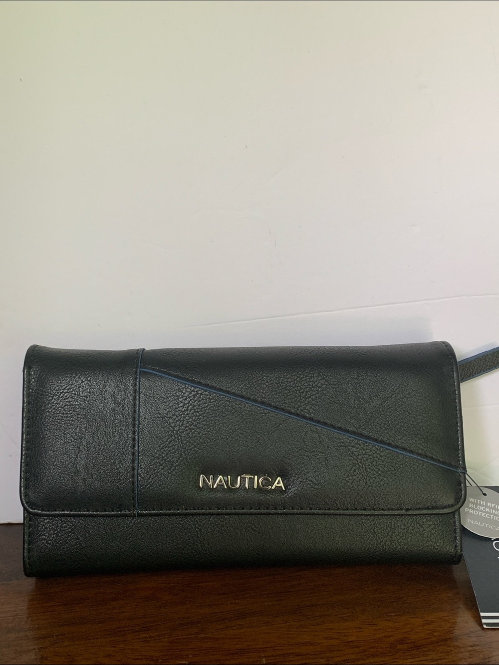 Nautica Black Leather Wallet Clutch with Gold Logo